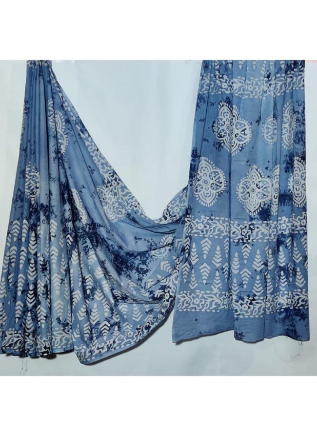 Cotton Blue Daily Wear Printed Saree